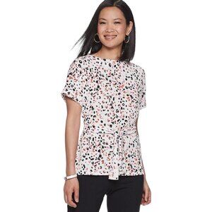 Women M Dana Buchman Classy Short Sleeve White Multi-Color Dolman Tie-Front Top